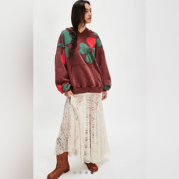 Free People Oversized Brown Hoodie with Green and Red Clover Design 
Retail $168 - Picture 4 of 5